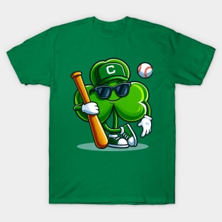 A funny and cute way to celebrate Irish culture and baseball on St. Patty’s day. This graphic shows a shamrock leaf character playing baseball with a smile T-Shirt